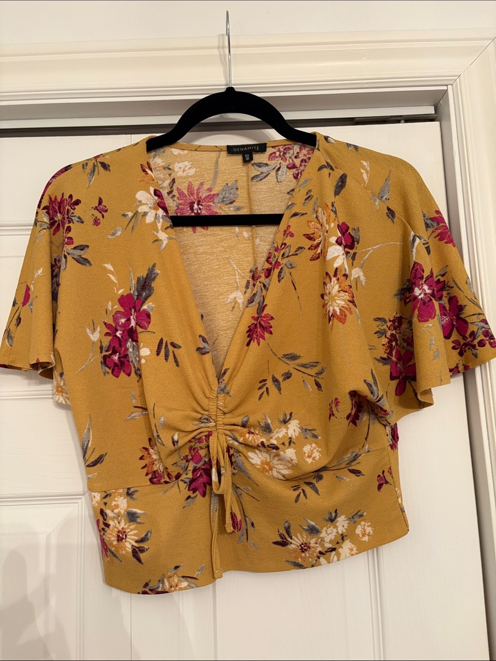 Dynamite Mustard Floral Tie-Front Crop Top with Pink Accents